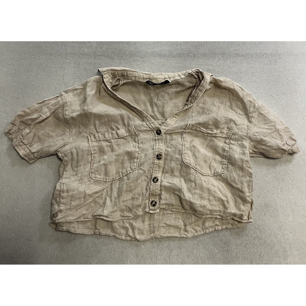 Zara Women's XS Beige Linen Button Down Boxy Cropped Short Sleeve Minimalist Top